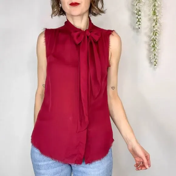 REVOLVE NSF silk sleeveless top neck tie frayed hem button front berry 3076 - Picture 3 of 11